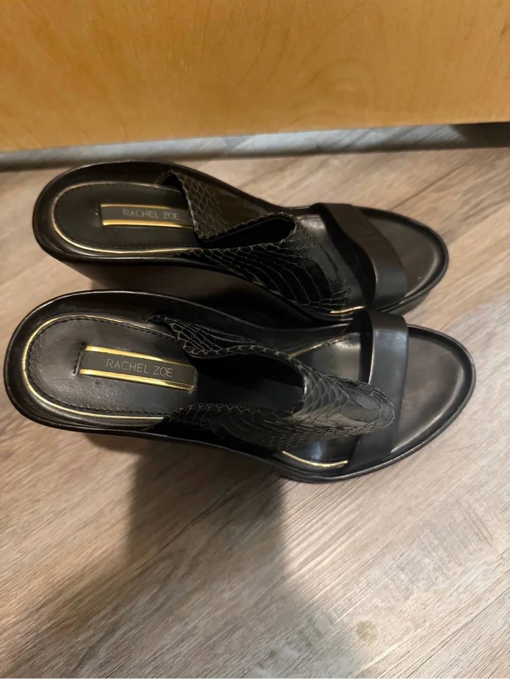 Rachel Zoe Black Textured Platform Wedge Slide Sandals